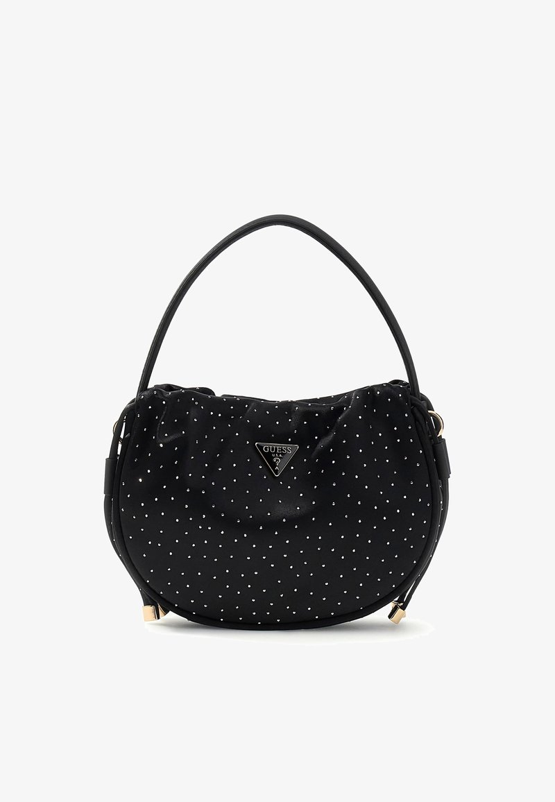 Schwarze Stoffhandtasche mit weißen Polka-Dots und geschwungenem Design. Verfügt über eine glänzende Oberfläche, einen oberen Griff und ein silbernes dreieckiges Logo.