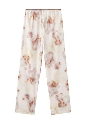 Løse bukser med vide ben og elastisk talje, med et blødt, abstrakt mønster i beige, brun og lyserøde nuancer på hvid baggrund.