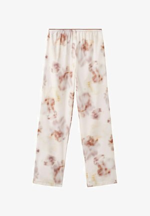 Ohlapne hlače širokih hlačnic z elastičnim pasom, z mehkimi, abstraktnimi vzorci v bež, rjavi in svetlo roza barvi na belem ozadju.