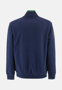 Mörkblå sweatshirt med hög krage, ribbade muddar och nederkant. Har en mönstrad detalj på vänster ärm. Slät bomullstextur.