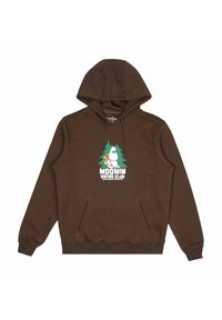 Ruskea huppari, jossa etutasku ja Moomin Hiking Club -kuvitus, jossa on sarjakuvamainen Muumihahmo ja puita. Pehmeä puuvillasekoitekangas.