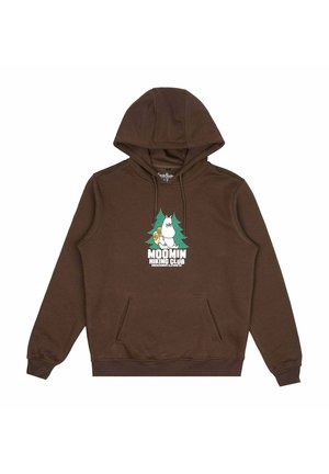 Ruskea huppari, jossa etutasku ja Moomin Hiking Club -kuvitus, jossa on sarjakuvamainen Muumihahmo ja puita. Pehmeä puuvillasekoitekangas.