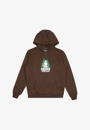 Ruskea huppari, jossa etutasku ja Moomin Hiking Club -kuvitus, jossa on sarjakuvamainen Muumihahmo ja puita. Pehmeä puuvillasekoitekangas.