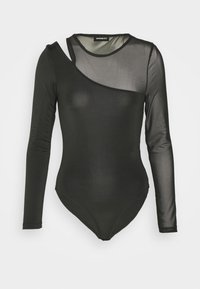 Svart långärmad body med genomskinlig asymmetrisk halsringning och högra ärm, solid vänster ärm, fitted stil och rund hals.