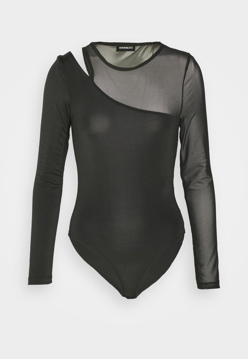 Svart långärmad body med genomskinlig asymmetrisk halsringning och högra ärm, solid vänster ärm, fitted stil och rund hals.