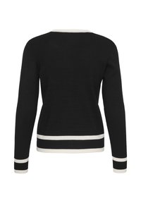 Čierny dlhý pletený sveter s opásanými rukávmi a bielym lemom na golieri, manžetách a páse, zobrazený zozadu na bielom pozadí.