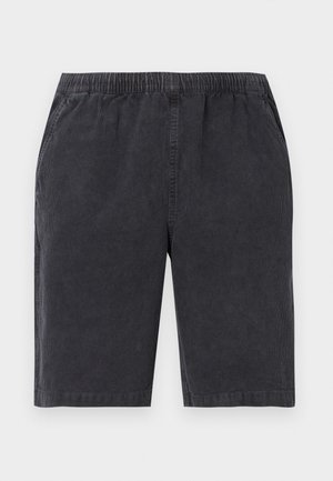 Dark gray corduroy shorts with an elastic waistband, side pockets, and a straight fit. Textured fabric with vertical lines.