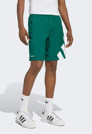 Groene nylon shorts met witte accenten, elastische tailleband, zijzakken en merkembleem. Model gecombineerd met witte sneakers en sokken.