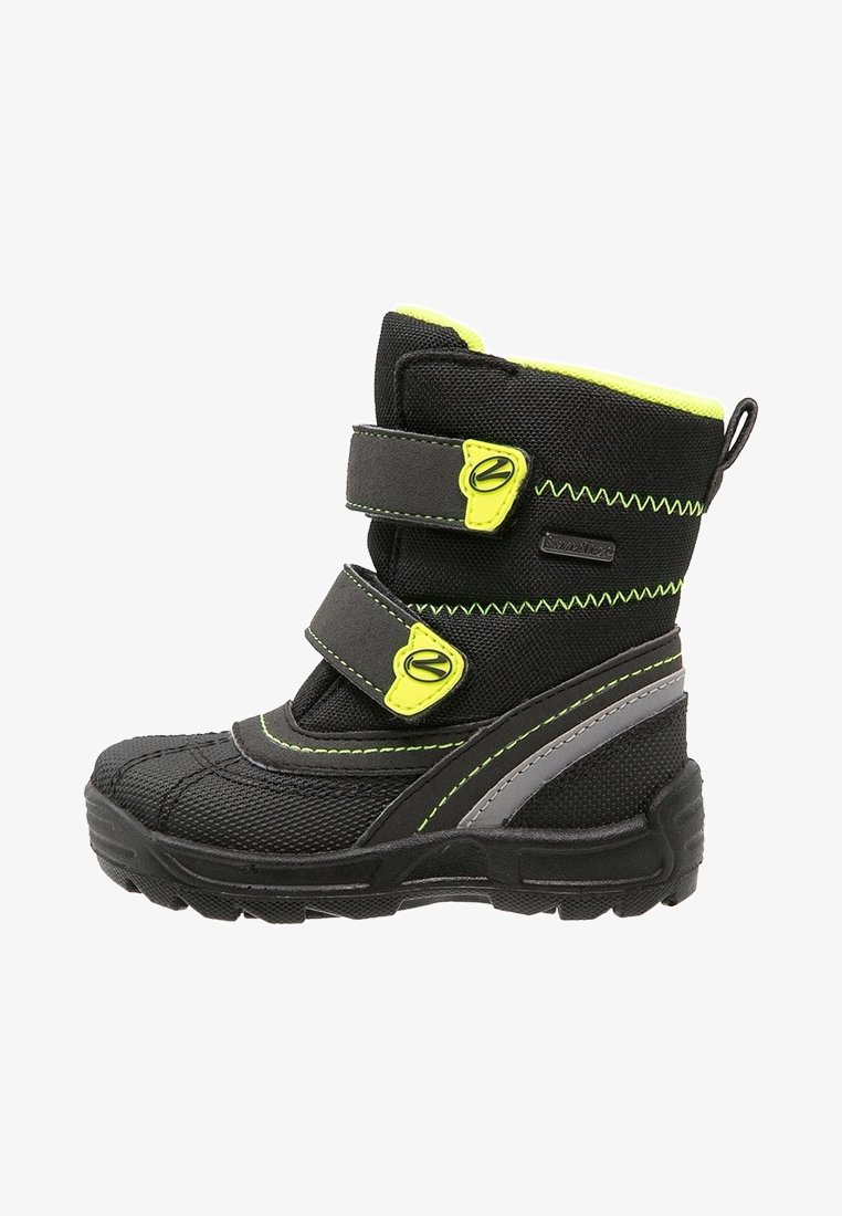 Botte d’hiver enfant noire et jaune néon avec double bande Velcro, bande réfléchissante et semelle robuste pour temps froid.