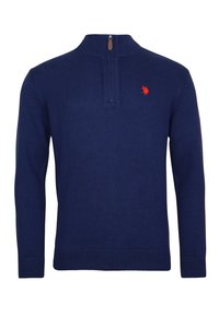 Marineblauer Pullover mit einem halben Reißverschluss, gerippten Bündchen und Saum sowie einem kleinen roten gestickten Logo auf der linken Brust. Weiche Textur.