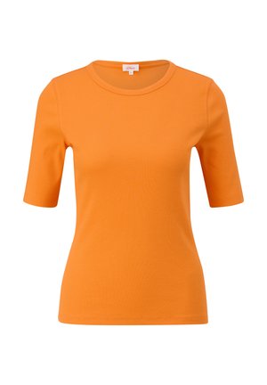 Kurzes oranges Rippshirt mit Rundhals und figurbetontem Schnitt, aus glattem Baumwollmaterial gefertigt.