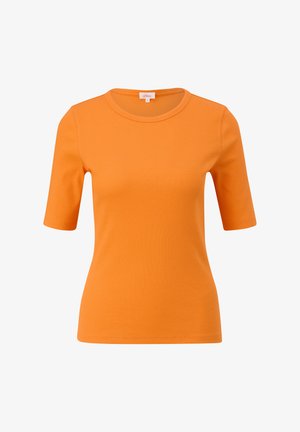 Kurzes oranges Rippshirt mit Rundhals und figurbetontem Schnitt, aus glattem Baumwollmaterial gefertigt.
