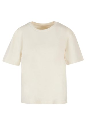 Kratkoročni T-shirt v off-white bombažu. Okrugli izrez, sproščen kroj, gladka tekstura in raven spodnji rob. Brez vidnih vzorcev ali grafik.