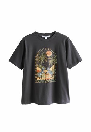 Dark gray short-sleeve t-shirt with graphic of two zebras under palm trees and an orange sun in stylized desert landscape.