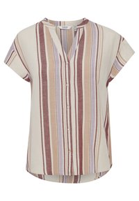 Chemisier à manches courtes et boutonné avec un décolleté en V, de couleurs beige, marron et lavande rayées ; tissu léger avec une coupe ample.