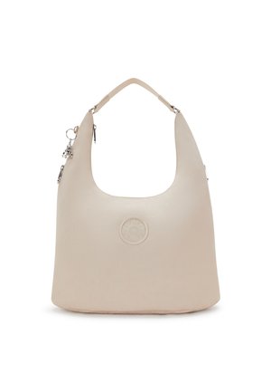Beige faux leather shoulder bag with a rounded shape, featuring a large embossed logo and silver-tone hardware accents. Smooth texture.