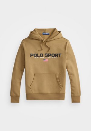 Brązowa bluza z kapturem z miękkiego materiału, z kieszenią z przodu, grafiką "POLO SPORT" oraz detalem w amerykańską flagę.