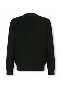 Maglione nero a maniche lunghe in maglia con polsini e orlo a costine, visibile dal retro su sfondo bianco.