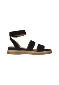 Zwarte suède sandalen hebben drie brede banden, een achterste enkelriem en een gestapelde kurken platformzool. Minimalistisch ontwerp met open teen.