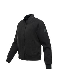 Black bomber jacket with a ribbed collar, button closure, side pockets, and a textured accent on the sleeves. Features a round logo patch.