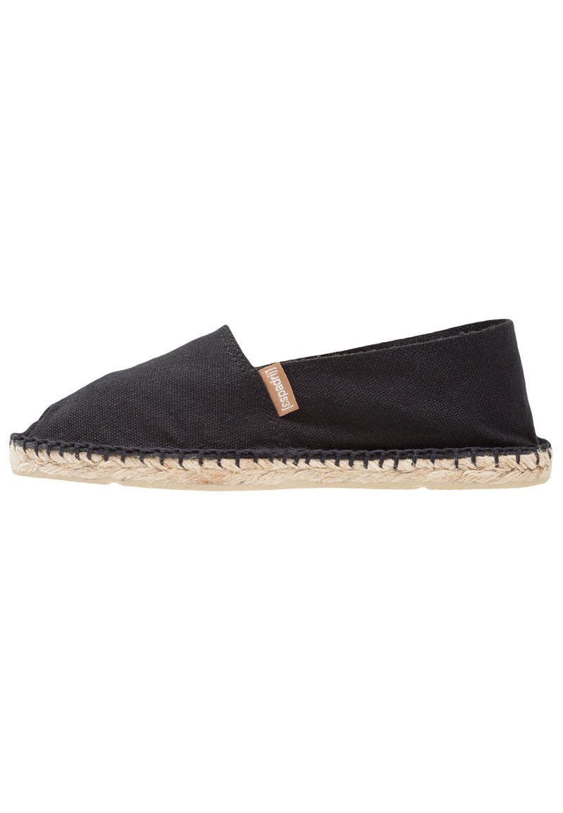Black canvas espadrille shoe with a rounded toe, jute rope outsole, and a small tan tag on the side. Simple and minimalist design.