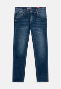 Mörkblå slim-fit jeans i denim, med en klassisk femficksdesign och subtila blekningar. Metallknappvidared vid midjan.