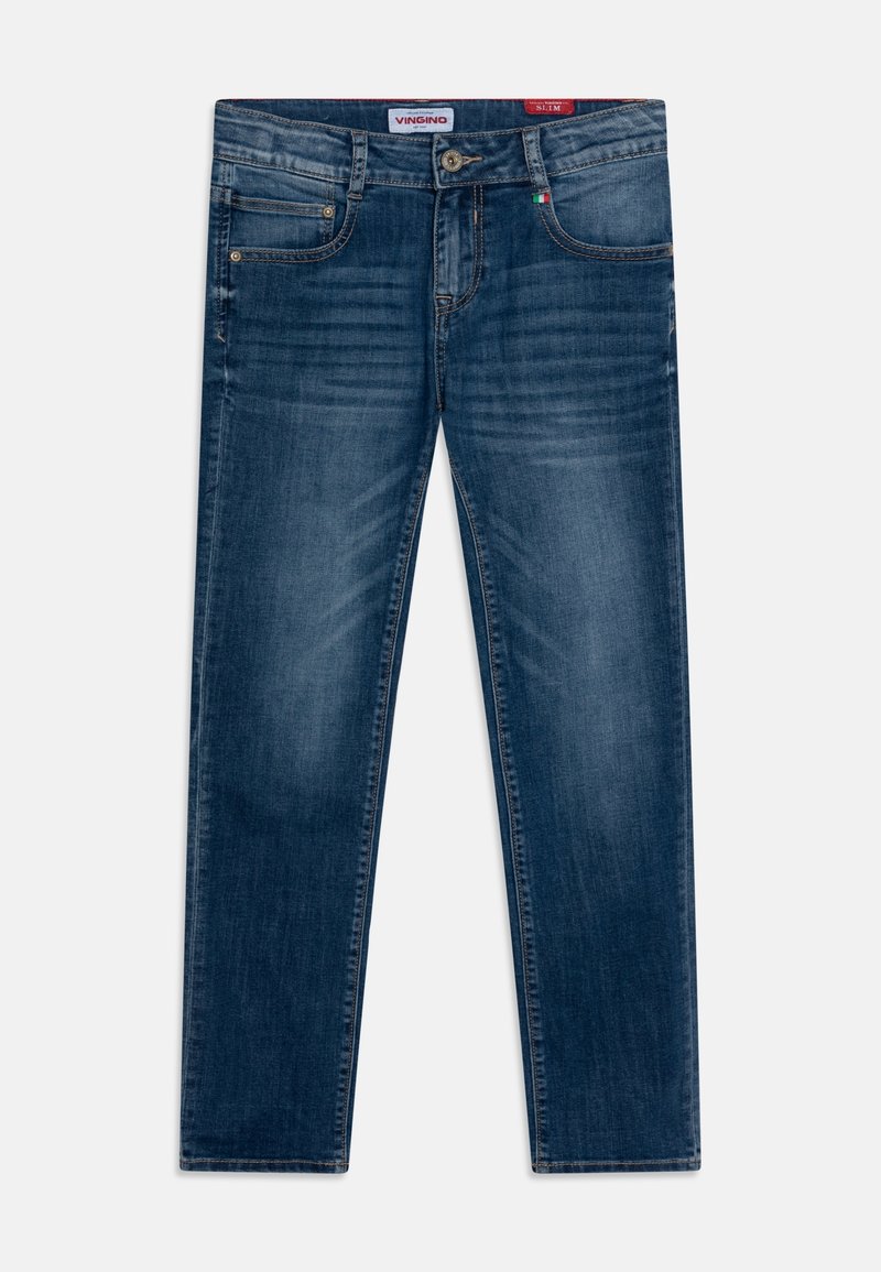 Mörkblå slim-fit jeans i denim, med en klassisk femficksdesign och subtila blekningar. Metallknappvidared vid midjan.