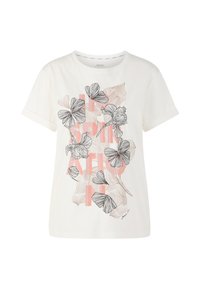 White short-sleeve t-shirt featuring pink floral illustrations and text. The design includes detailed line art of leaves and flowers.