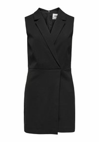 Sukienka bez rękawów w kolorze czarnym, skrojona na miarę, z kołnierzykiem w stylu lapel i zamkiem błyskawicznym z przodu, z przednim zapięciem w stylu zawijanym i długości do kolan.
