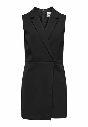 Ärmelloses schwarzes, tailliertes Kleid mit Reverskragen und Frontreißverschluss, das eine Wickeloptik vorne und einen knielangen Saum aufweist.