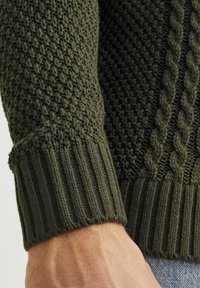 Olivgrüner Strickpullover mit strukturierten Mustern, gerippten Bündchen und einem Zopfmuster-Design, aus weichem, warmem Material.
