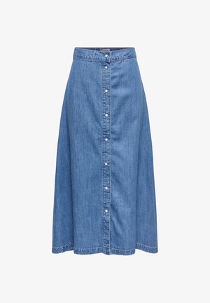 Mėlynas džinsinis midi sijonas su priekinėmis sagomis ir A formos siluetu, su aptemptu juosmens diržu ir subtiliais siuvimo akcentais.