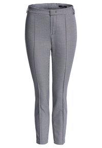 Zwart-witte broek met houndstooth-patroon, slim fit, vlakke voorkant en tailleband. Gemaakt van een gladde, lichte stof.