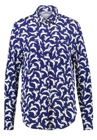 Camicia azzurra con bottoni e motivo a foche bianche ripetuto; presenta maniche lunghe, colletto e due tasche sul petto. Tessuto dalla consistenza liscia.