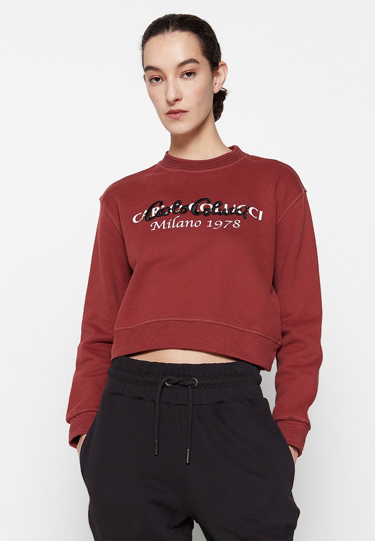 Gekürzter sweatshirt in rostrot mit schwarzem gesticktem Logo und Text, mit Rundhalsausschnitt und gerippten Akzenten an den Bündchen.