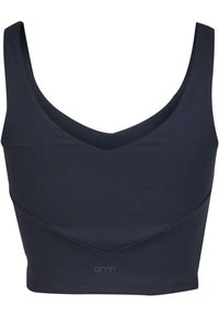 Čierny crop top s výstrihom do U, vyrobený z hladkej, elastickej látky. Obsahuje dizajn do V s jemnými švovými detailmi a značkovaním.