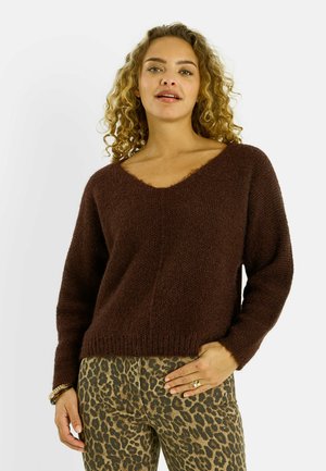 PULL FLUFFY À COL V - Pullover - chocolat