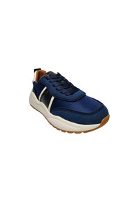 Marineblaue Sneaker mit strukturiertem Stoff, cremefarbenen Akzenten und einer Gummisohle. Verfügen über ein gestepptes Design und flache Schnürsenkel für einen festen Sitz.
