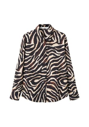 Long sleeves shirt featuring a zebra print in black, cream, and brown tones. Made from smooth fabric with a classic collar and button closure.