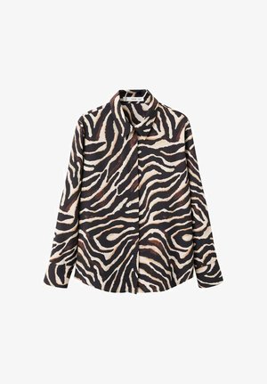 Majica z dolgimi rokavi z zebra potiskom v črnih, kremnih in rjavih odtenkih. Izdelana iz gladkega blaga s klasičnim ovratnikom in zapiranjem na gumbe.