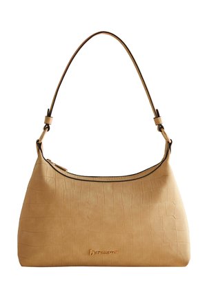 Tan shoulder bag with a textured crocodile pattern and a single strap, featuring a small metal logo plaque reading "by Ted Baker."