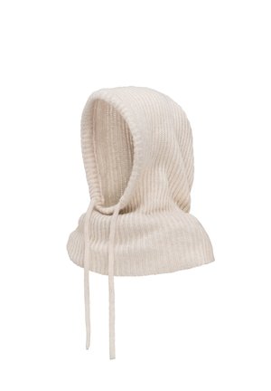 Knit balaclava in soft cream fabric with ribbed texture. Features adjustable ties and a hooded design for warmth and coverage.