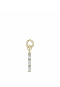 Pendiente dorado con un cierre de langosta que presenta una fila vertical de tres piedras preciosas rectangulares transparentes, todo en un diseño elegante y minimalista.