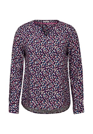 T-shirt à manches longues en tissu violet foncé avec un motif floral rose, bleu et blanc. Présente un décolleté en V et un ourlet arrondi.