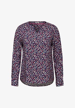 Długi rękaw top w ciemnofioletowej tkaninie z kwiatowym wzorem w różowym, niebieskim i białym kolorze. Posiada dekolt w serek i zaokrąglony dół.
