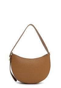 Tumši brūna ādas rokassoma ar apaļu formu, vienu plecu siksnu un teksturētu apdari. Aprīkota ar rāvējslēdzēja aizdari un smalkiem zelta toņa metāla elementiem.