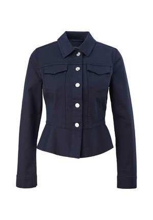 Navy blue fitted jacket with long sleeves, silver buttons down the front, two flap chest pockets, and a slight peplum at the waist.