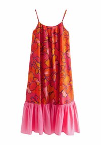 Kvetinové šaty s jasne oranžovými a ružovými odtieňmi, s veľkými vzormi hibiscus, nastaviteľnými špagetovými ramienkami a volánovým ružovým lemom.