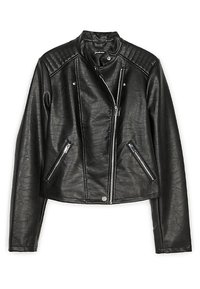 Czarna, sztuczna skórzana kurtka motocyklowa z pikowanymi ramionami, asymetrycznym zamkiem błyskawicznym z przodu oraz dwiema bocznymi kieszeniami na zamek.