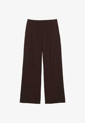 Bruine broek met wijde pijpen, een elastische tailleband en verstelbare trekkoord, met zijzakken, weergegeven op een witte achtergrond.